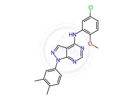 Chemical structure of N-(5-Chloro-2-methoxyphenyl)-1-(3,4-dimethylphenyl)-1H-pyrazolo[3,4-d]pyrimidin-4-amine