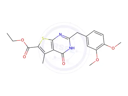Chemical structure of Ethyl 2-[(3,4-dimethoxyphenyl)methyl]-5-methyl-4-oxo-3h,4h-thieno[2,3-d]pyrimidine-6-carboxylate
