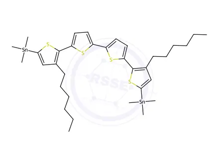Chemical structure of (3,3'''-Dihexyl-[2,2':5',2'':5'',2'''-quaterthiophene]-5,5'''-diyl)bis(trimethylstannane)