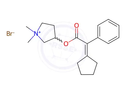 Chemical structure of 3-(2-Cyclopentylidene-2-phenylacetoxy)-1,1-dimethylpyrrolidin-1-ium Bromide