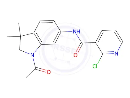 Chemical structure of N-(1-acetyl-3,3-dimethyl-2,3-dihydro-1H-indol-6-yl)-2-chloronicotinamide