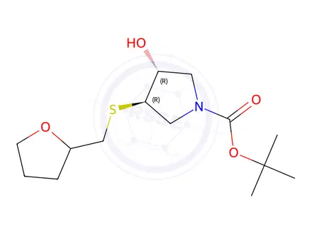 Chemical structure of tert-butyl (3r,4r)-3-hydroxy-4-{[(oxolan-2-yl)methyl]sulfanyl}pyrrolidine-1-carboxylate