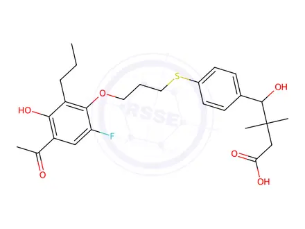 Chemical structure of 4-(4-((3-(4-acetyl-6-fluoro-3-hydroxy-2-propylphenoxy)propyl)thio)phenyl)-4-hydroxy-3,3-dimethylbutanoic acid