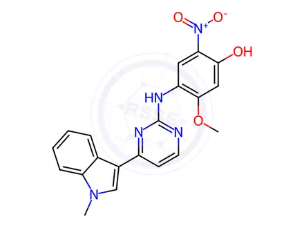 Chemical structure of Phenol, 5-methoxy-4-[[4-(1-methyl-1H-indol-3-yl)-2-pyrimidinyl]amino]-2-nitro-