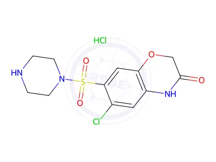 Chemical structure of 6-Chloro-7-(piperazine-1-sulfonyl)-3,4-dihydro-2h-1,4-benzoxazin-3-one hydrochloride
