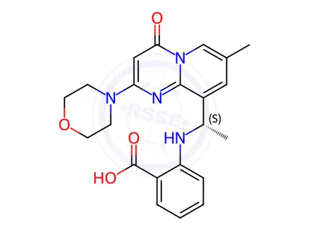 Chemical structure of (S)-2-((1-(7-methyl-2-morpholino-4-oxo-4H-pyrido[1,2-a]pyrimidin-9-yl)ethyl)amino)benzoic acid
