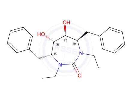 Chemical structure of (4R,5S,6S,7R)-4,7-dibenzyl-1,3-diethyl-5,6-dihydroxy-1,3-diazepan-2-on e