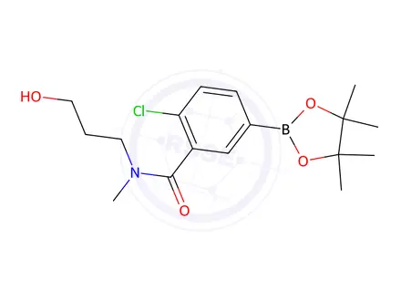 Chemical structure of 2-Chloro-N-(3-hydroxypropyl)-N-methyl-5-(4,4,5,5-tetramethyl-1,3,2-dioxaborolan-2-yl)benzamide