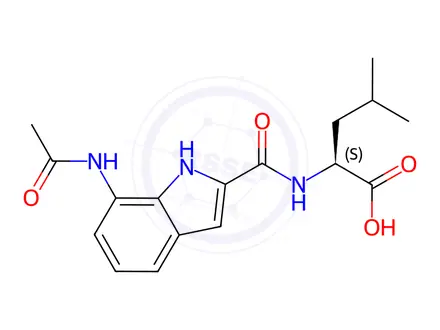 Chemical structure of (S)-2-(7-Acetamido-1H-indole-2-carboxamido)-4-methylpentanoic acid