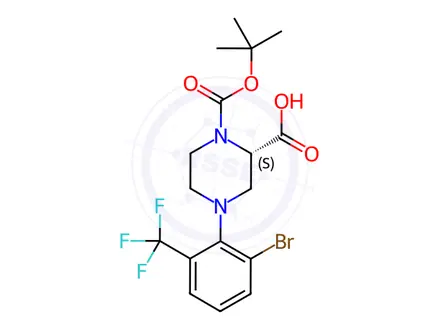 Chemical structure of (S)-4-(2-Bromo-6-(trifluoromethyl)phenyl)-1-(tert-butoxycarbonyl)piperazine-2-carboxylic acid