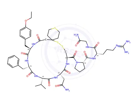 Chemical structure of (2S)-1-[(10R,13S,16S,19S,22R)-19-benzyl-13-(carbamoylmethyl)-22-[(4-et hoxyphenyl)methyl]-12,15,18,21,24-pentaoxo-16-propan-2-yl-3,7,8-trithi a-11,14,17,20,23-pentazaspiro[5.19]pentacosane-10-carbonyl]-N-[(1S)-1-(carbamoylmethylcarbamoyl)-4-(diaminomethylideneamino)butyl]pyrrolidin e-2-carboxamide