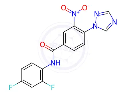 Chemical structure of N-(2,4-difluorophenyl)-3-nitro-4-(1H-1,2,4-triazol-1-yl)benzamide