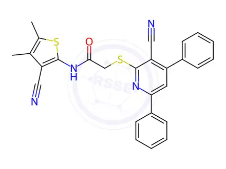 Chemical structure of N-(3-cyano-4,5-dimethylthiophen-2-yl)-2-((3-cyano-4,6-diphenylpyridin-2-yl)thio)acetamide