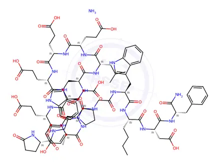 Chemical structure of 18-34-Gastrin I (pig), 18-(5-oxo-l-proline)-22-l-leucine-32-l-norleucine-, ammonium salt