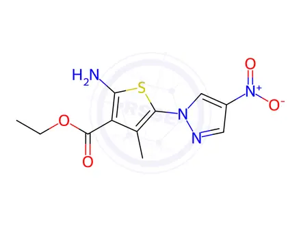 Chemical structure of Ethyl 2-amino-4-methyl-5-(4-nitro-1H-pyrazol-1-yl)thiophene-3-carboxylate