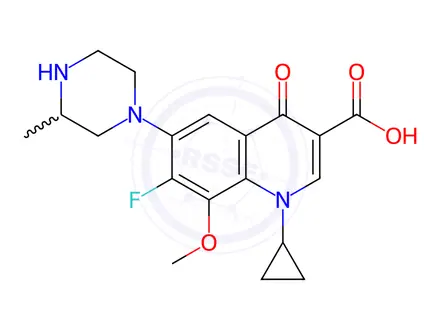 Chemical structure of 3-Quinolinecarboxylic acid, 1-cyclopropyl-7-fluoro-1,4-dihydro-8-methoxy-6-(3-methyl-1-piperazinyl)-4-oxo-