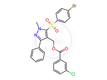 Chemical structure of (5-((4-Bromophenyl)sulfonyl)-1-methyl-3-phenyl-1H-pyrazol-4-yl)methyl 3-chlorobenzoate