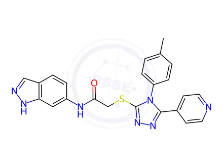 Chemical structure of N-(1H-Indazol-6-yl)-2-((5-(pyridin-4-yl)-4-(p-tolyl)-4H-1,2,4-triazol-3-yl)thio)acetamide