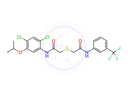 Chemical structure of N-(2,4-dichloro-5-isopropoxyphenyl)-2-((2-oxo-2-((3-(trifluoromethyl)phenyl)amino)ethyl)thio)acetamide