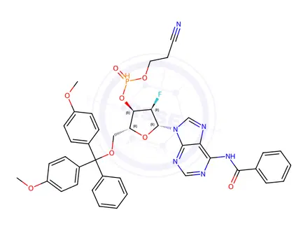 Chemical structure of (2R,3R,4R,5R)-5-(6-benzamido-9H-purin-9-yl)-2-((bis(4-methoxyphenyl)(phenyl)methoxy)methyl)-4-fluorotetrahydrofuran-3-yl (2-cyanoethyl) phosphonate
