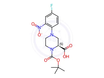 Chemical structure of (S)-4-(4-Fluoro-2-nitrophenyl)-1-(tert-butoxy-carbonyl)piperazine-2-carboxylic acid