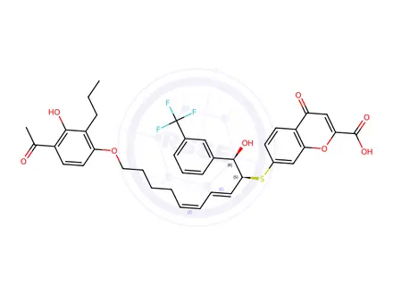 Chemical structure of 7-(((1R,2S,3E,5Z)-10-(4-Acetyl-3-hydroxy-2-propylphenoxy)-1-hydroxy-1-(3-(trifluoromethyl)phenyl)deca-3,5-dien-2-yl)thio)-4-oxo-4H-chromene-2-carboxylic acid