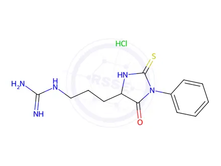 Chemical structure of 1-(3-(5-Oxo-1-phenyl-2-thioxoimidazolidin-4-yl)propyl)guanidine hydrochloride