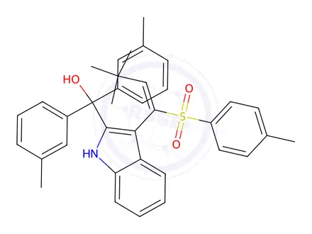 Chemical structure of (E)-(3-(3,3-Dimethyl-1-tosylbut-1-en-1-yl)-1H-indol-2-yl)di-m-tolylmethanol
