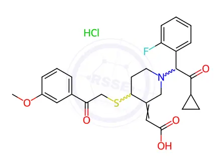 Chemical structure of 2-(1-(2-Cyclopropyl-1-(2-fluorophenyl)-2-oxoethyl)-4-((2-(3-methoxyphenyl)-2-oxoethyl)thio)piperidin-3-ylidene)acetic acid Hydrochloride;