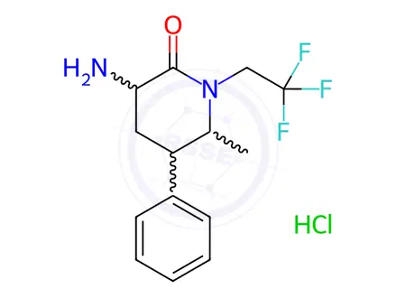 Chemical structure of (3S,5S,6R)-3-amino-6-methyl-5-phenyl-1-(2,2,2-trifluoroethyl)piperidin-2-one hydrochloride