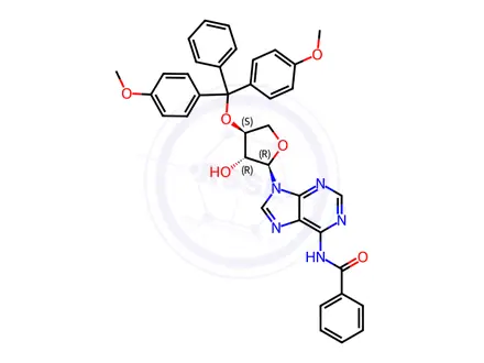 Chemical structure of Benzamide, N-[9-[(2R,3R,4S)-4-[bis(4-methoxyphenyl)phenylmethoxy]tetrahydro-3-hydroxy-2-furanyl]-9H-purin-6-yl]-
