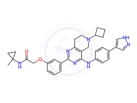 Chemical structure of Acetamide, 2-[3-[6-cyclobutyl-5,6,7,8-tetrahydro-4-[[4-(1H-pyrazol-4-yl)phenyl]amino]pyrido[4,3-d]pyrimidin-2-yl]phenoxy]-N-(1-methylcyclopropyl)-