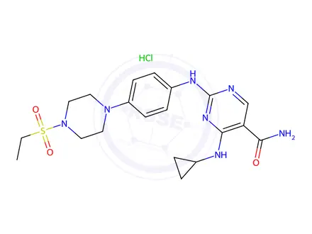 Chemical structure of 4-(Cyclopropylamino)-2-((4-(4-(ethylsulfonyl)piperazin-1-yl)phenyl)amino)pyrimidine-5-carboxamide hydrochloride