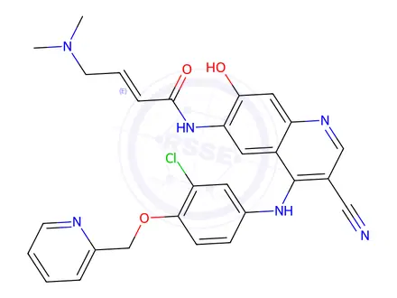 Chemical structure of (E)-N-(4-((3-Chloro-4-(pyridin-2-ylmethoxy)phenyl)amino)-3-cyano-7-hydroxyquinolin-6-yl)-4-(dimethylamino)but-2-enamide