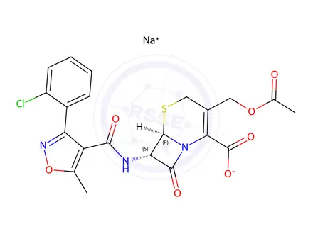 Chemical structure of sodium (6R-trans)-3-(acetoxymethyl)-7-[[[3-(2-chlorophenyl)-5-methylisoxazol-4-yl]carbonyl]amino]-8-oxo-5-thia-1-azabicyclo[4.2.0]oct-2-ene-2-carboxylate