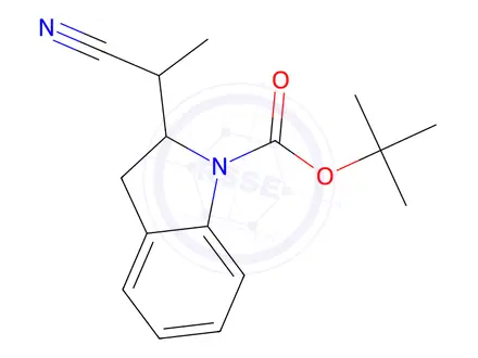Chemical structure of 1H-Indole-1-carboxylic acid, 2-(1-cyanoethyl)-2,3-dihydro-, 1,1-dimethylethyl ester