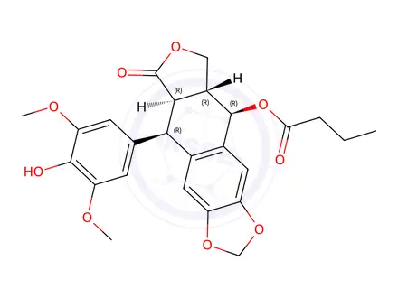 Chemical structure of 4-O-butanoyl-4'-demethylpodophyllotoxin