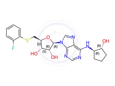 Chemical structure of (2S,3S,4R,5R)-2-(((2-Fluorophenyl)thio)methyl)-5-(6-(((1R,2R)-2-hydroxycyclopentyl)amino)-9H-purin-9-yl)tetrahydrofuran-3,4-diol