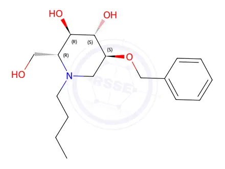 Chemical structure of (2R,3R,4S,5S)-5-(benzyloxy)-1-butyl-2-(hydroxymethyl)piperidine-3,4-diol