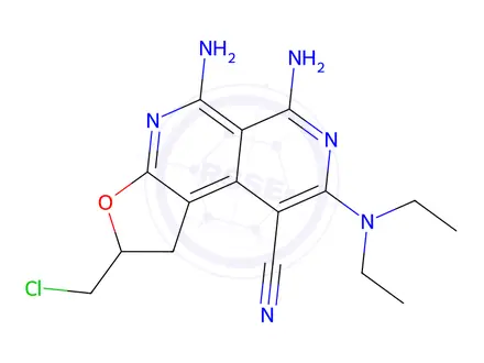Chemical structure of 5,6-Diamino-2-(chloromethyl)-8-(diethylamino)-1,2-dihydrofuro[2,3-c][2,7]naphthyridine-9-carbonitrile
