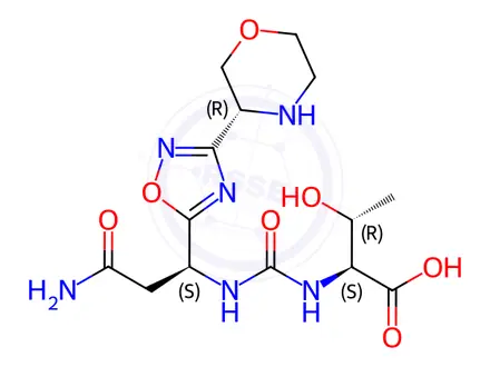 Chemical structure of N-[[[(1S)-3-Amino-1-[3-(3R)-3-morpholinyl-1,2,4-oxadiazol-5-yl]-3-oxopropyl]amino]carbonyl]-L-threonine