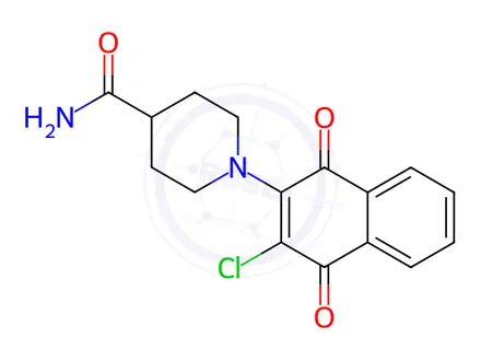 Chemical structure of 1-(3-chloro-1,4-dioxo-1,4-dihydro-2-naphthalenyl)-4-piperidinecarboxamide
