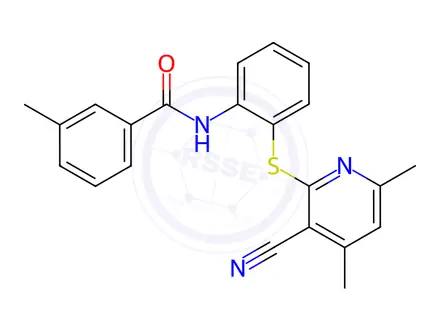 Chemical structure of N-(2-((3-cyano-4,6-dimethylpyridin-2-yl)thio)phenyl)-3-methylbenzamide