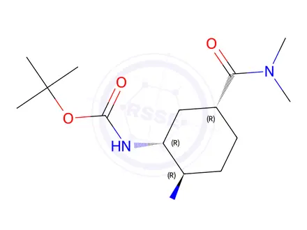 Chemical structure of Tert-Butyl ((1R,2R,5R)-2-Amino-5-(dimethylcarbamoyl)cyclohexyl)carbamate