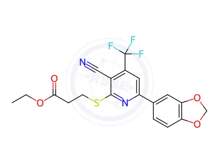 Chemical structure of Ethyl 3-((6-(benzo[d][1,3]dioxol-5-yl)-3-cyano-4-(trifluoromethyl)pyridin-2-yl)thio)propanoate