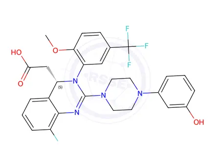 Chemical structure of (S)-2-(8-fluoro-2-(4-(3-hydroxyphenyl)piperazin-1-yl)-3-(2-methoxy-5-(trifluoromethyl)phenyl)-3,4-dihydroquinazolin-4-yl)acetic acid