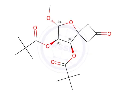 Chemical structure of (6R,7R,8S)-6-Methoxy-2-oxo-5-oxaspiro[3.4]octane-7,8-diyl bis(2,2-dimethylpropanoate)