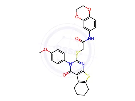 Chemical structure of N-(2,3-Dihydrobenzo[b][1,4]dioxin-6-yl)-2-((3-(4-methoxyphenyl)-4-oxo-3,4,5,6,7,8-hexahydrobenzo[4,5]thieno[2,3-d]pyrimidin-2-yl)thio)acetamide