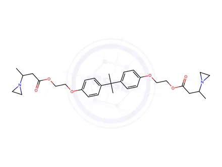 Chemical structure of (isopropylidene)bis(p-phenyleneoxyethylene) bis(beta-methylaziridine-1-propionate)
