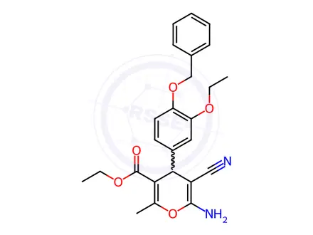 Chemical structure of Ethyl 6-amino-4-(4-(benzyloxy)-3-ethoxyphenyl)-5-cyano-2-methyl-4H-pyran-3-carboxylate